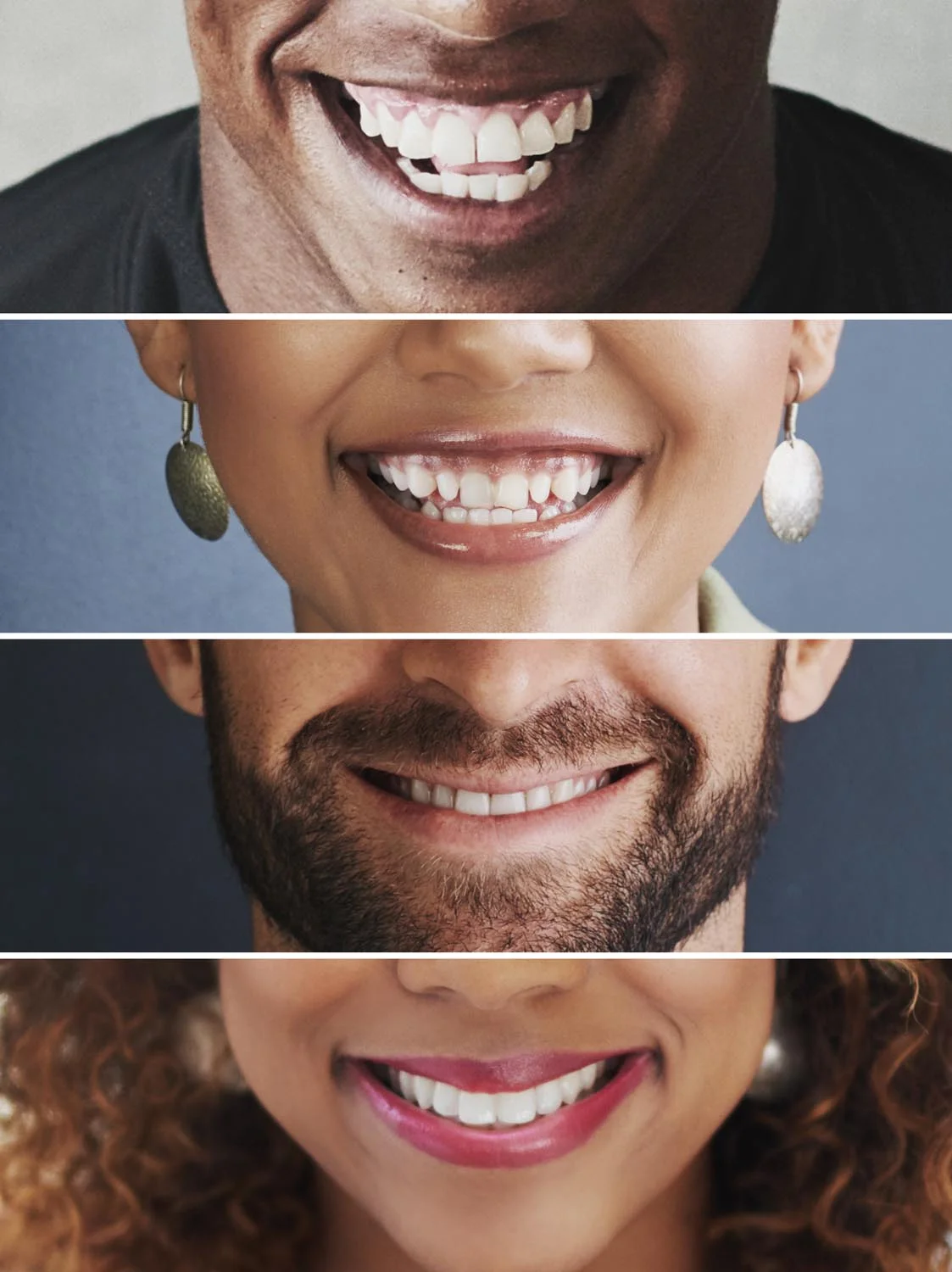 Collage of diverse, confident smiles highlighting the welcoming patient experience at Amber Arch Dental in Atlanta, GA